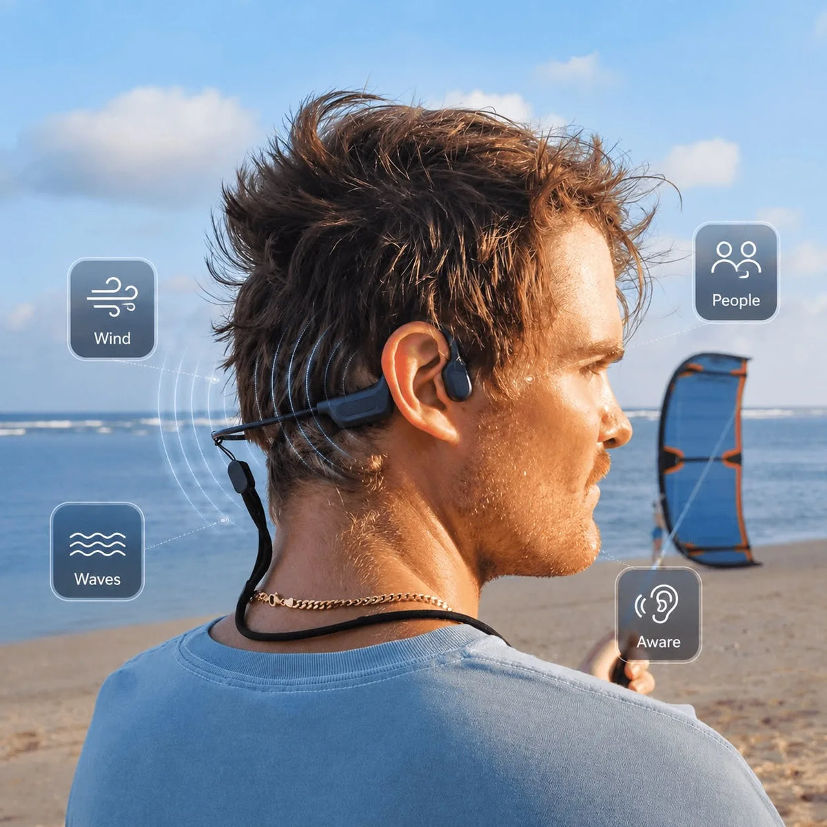 AONIC Flow waterproof bone conduction headphones in black with the wipeout leash, product view