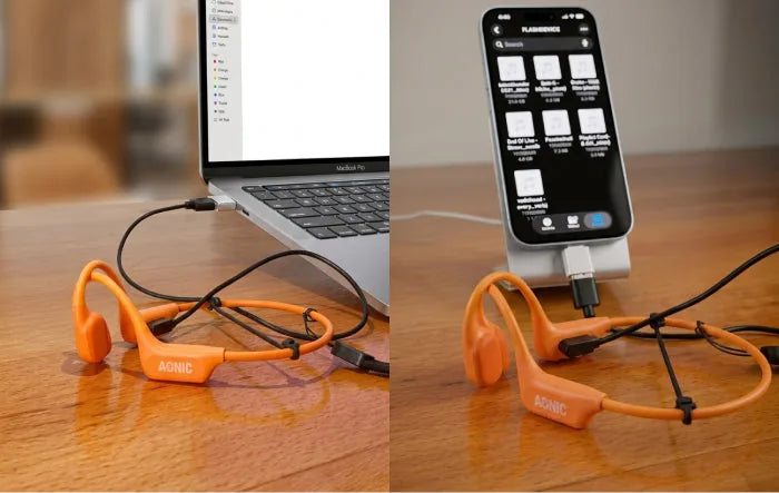 AONIC Flow headphones plugged into a laptop with the magnetic cable to load music, no software needed