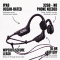 AONIC Flow black waterproof bone conduction headphones with wipeout-secure leash, IPX8, 32GB storage, 10-hour battery