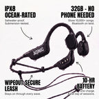 AONIC Flow black waterproof bone conduction headphones with wipeout-secure leash, IPX8, 32GB storage, 10-hour battery