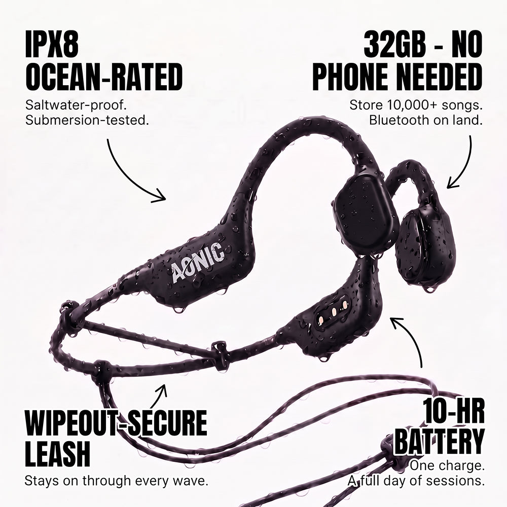 AONIC Flow black waterproof bone conduction headphones with wipeout-secure leash, IPX8, 32GB storage, 10-hour battery
