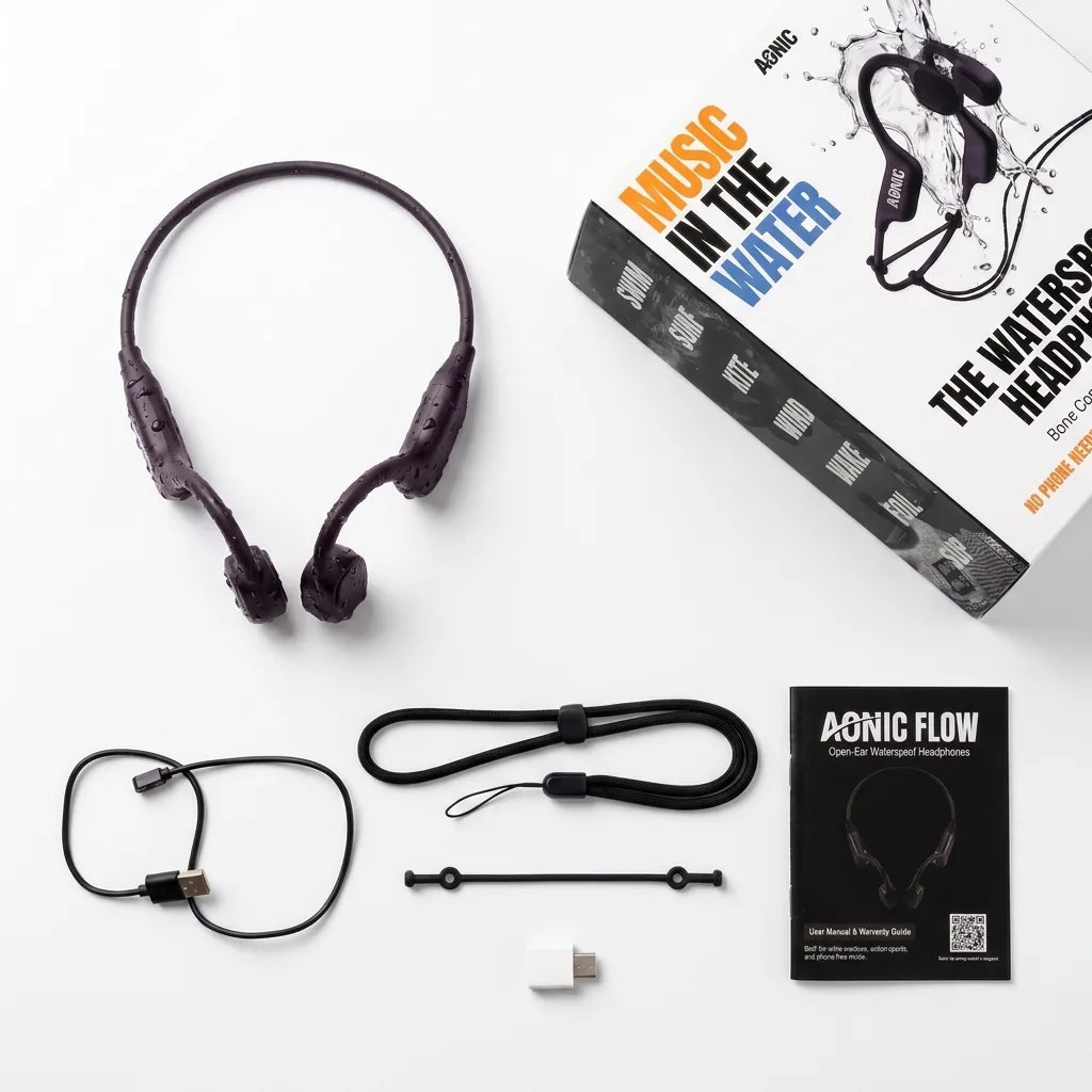 What is in the AONIC Flow box: headphones, safety leash, adjustable strap, magnetic charging cable, USB-C adaptor and user manual